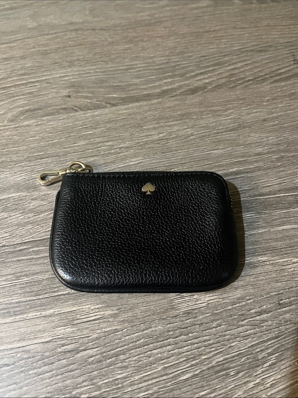 kate spade Black Pebbled Leather Zip Card Holder with Gold Spade